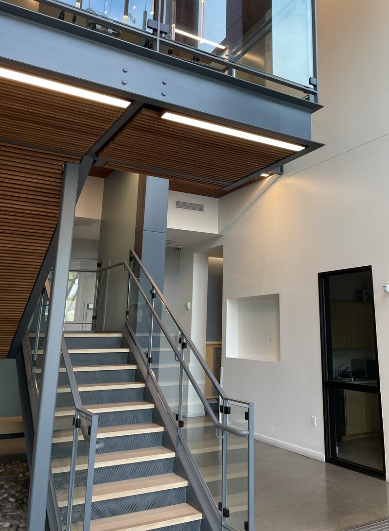 Clean modern commercial lobby and staircase maintained by Star's Janitorial Services